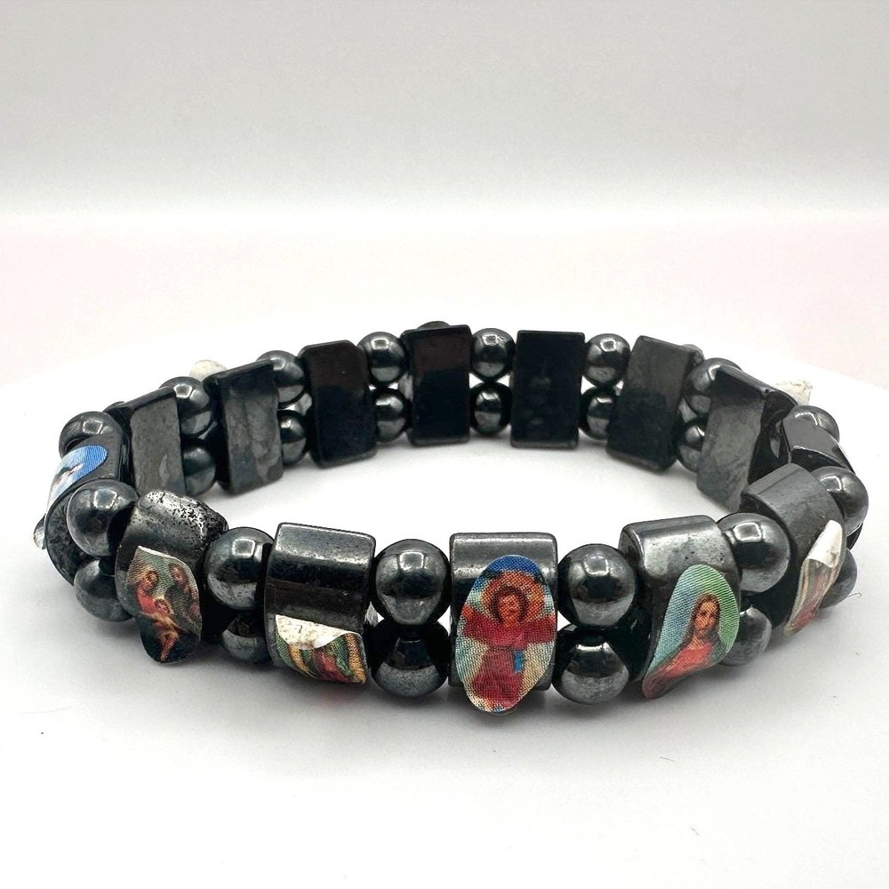 Vintage 80s Black Hematite Religious Catholic Icons Stretch Bracelet Jewelry Y2K